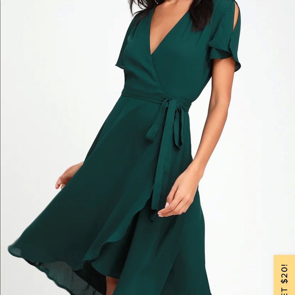 Lulu’s Rise to the Occasion Emerald Green Midi Wrap Dress